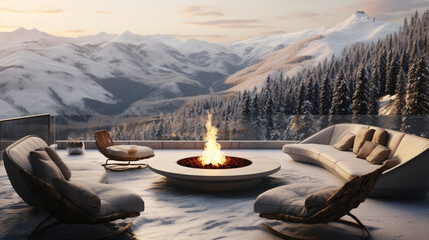 Fire pit and furniture on modern luxury mountain.