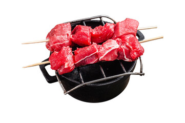 Lamb shish kebab, Raw meat Skewers with herbs on grill.  Isolated, Transparent background.