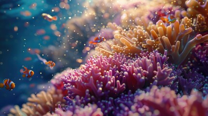 Fototapeta na wymiar A detailed image focusing on the delicate patterns and vibrant colors of coral polyps in full bloom