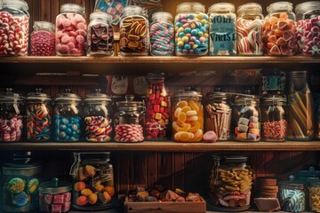 A detailed illustration of shelves in a vintage candy shop, packed with jars and boxes of old-fashioned sweets, from peppermints to caramels. The lighting emphasizes the textures 