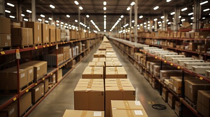 Extensive warehouse full of packages, perspective view down the aisle, concept of storage, distribution, and inventory management
