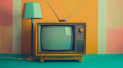 Illustration of a vintage analog television with lamp beside it on color background in 70s style