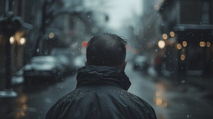 Solitary man in raincoat walking through city streets on a rainy day, mood of reflection and solitude, urban life scene
