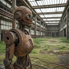 Old robot with rust standing in a derelict factory
