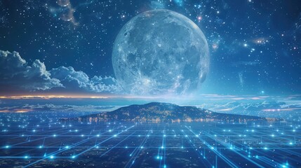 A distant view of an island floating in the sky, surrounded by high-speed light trails and digital grids, with a backdrop of a large, luminous moon and twinkling stars in the night sky. 8k - Powered by Adobe