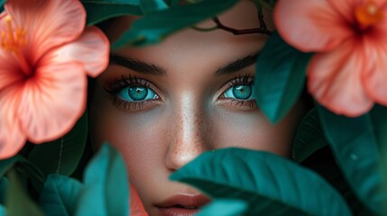 Mysterious woman's gaze peeking through vibrant tropical flora, striking eyes engage with the viewer.
