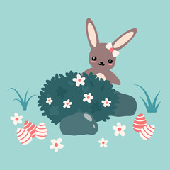 cute cartoon rabbit and easter eggs in the meadow vector illustration isolated on turquoise background 	 - 747973060