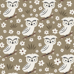 cute hand drawn cartoon character owl seamless vector pattern background illustration with daisy flowers - 747973075