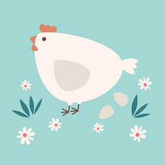 cute cartoon hen and easter eggs in the meadow funny vector illustration on turquoise background - 747973079