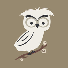 cute hand drawn cartoon character owl on branch funny vector illustration on green background - 747973082