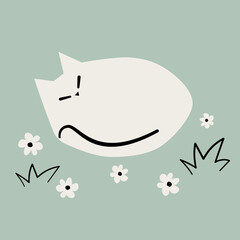 cute hand drawn cartoon character sleeping cat in the meadow vector illustration with daisy flowers and grass on pastel blue background	 - 747973084