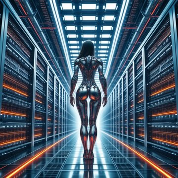 Female android in server hallway, futuristic data center
