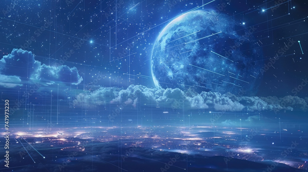 Poster a distant view of an island floating in the sky, surrounded by high-speed light trails and digital g