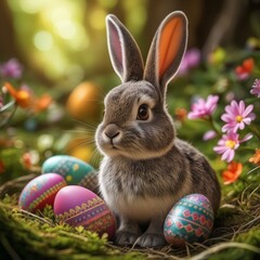 Charming rabbit with Easter eggs in a nest among flowers
