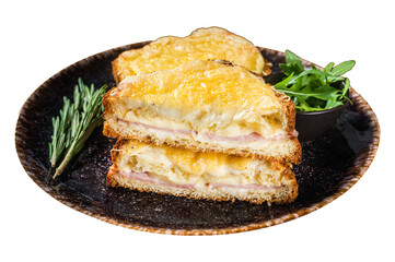 Croque Monsieur toasted sandwich with Cheese, Ham, Gruyere and Bechamel Sauce.  Isolated,...