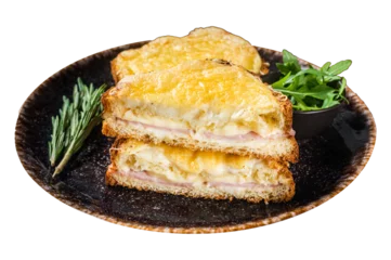 Fotobehang Croque Monsieur toasted sandwich with Cheese, Ham, Gruyere and Bechamel Sauce.  Isolated, Transparent background. © Vladimir