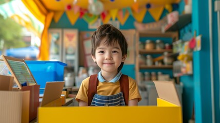 Cheerful preschool boy in classroom, bright and colorful setting enhances the joy of early education.
