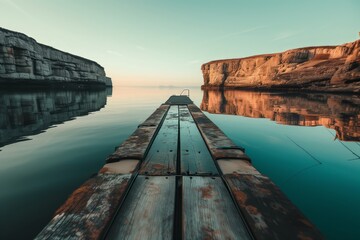 Tranquil wooden pier leading to serene waters with majestic cliffs on the horizon, reflecting the calm of nature.
 - obrazy, fototapety, plakaty