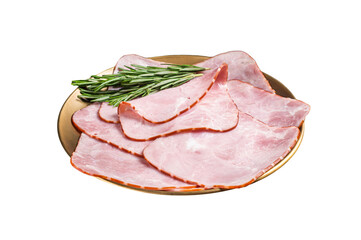 Square Sliced pork meat ham on plate. Isolated, Transparent background.