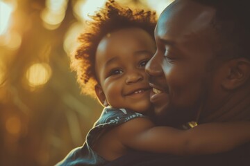 Heartwarming embrace between a father and child at sunset, portraying love and family bonding, golden hour warmth.
