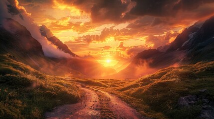 A dramatic sunset over a mountain pass, with the sky ablaze in orange and the sun's rays peeking through the gaps in the mountains - obrazy, fototapety, plakaty