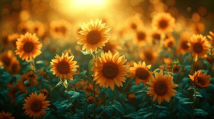 Texture of a field of sunflowers following the suns movements their bright yellow heads bobbing in sync with the ping hours.