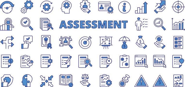 Assessment icons in line design, blue. Assessment, data, analysis, compare, plan, analysis, testing, report, management isolated on white background vector. Assessment editable stroke icons.