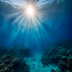 Fototapeta na wymiar Delve into the enchanting depths of the ocean's blue abyss illuminated by sunlight.
