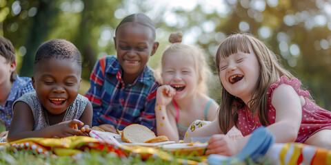 Group of kids with Down syndrome having a picnic in the park. Learning Disability