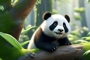Fototapeta premium A panda in a green forest, giant panda, panda bear, mottled bear, ailuropoda melanoleuca, bamboo muncher, chinese mammal image stock photo 