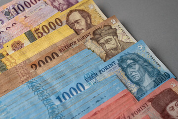 On a gray table, Hungarian forint paper money is spread out and sorted. Large denominations, Inflation and financial situation in Hungary.