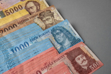 On a gray table, Hungarian forint paper money is spread out and sorted. Large denominations, Inflation and financial situation in Hungary.