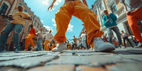 Hiphop dancers compete in energetic breakdancing showcase on city streets. Concept Street Dance...