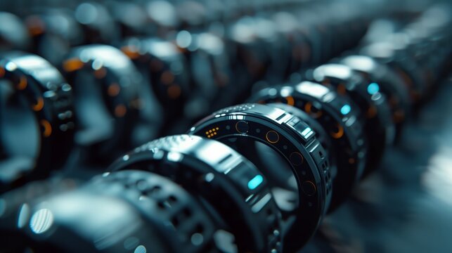 Close-up of precision camera lenses lined up, highlighting the detailed craftsmanship in photographic equipment manufacturing.
