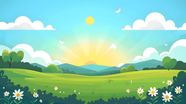 A Vibrant Sunny Landscape: Green Hills, Blooming Flowers, and Blue Sky with Fluffy Clouds