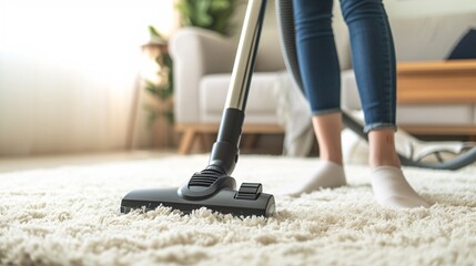a person vacuuming carpet with a vacuum cleaner