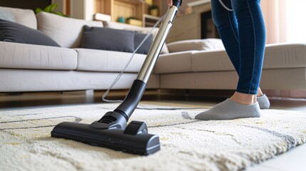 a person vacuuming carpet with a vacuum cleaner - obrazy, fototapety, plakaty