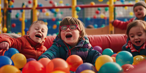 Group of kids with Down syndrome playing in a ball pit. Learning Disability