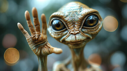 Fototapeta premium Alien with big eyes and raised hand in greeting against bokeh background.
