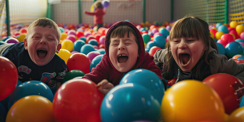 Fototapeta na wymiar Group of kids with Down syndrome playing in a ball pit. Learning Disability