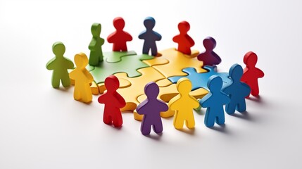 Wooden multicolored figures of a men  in circle,  figurines holding hands together . Inclusion , teamwork concept. Equality and diversity concept