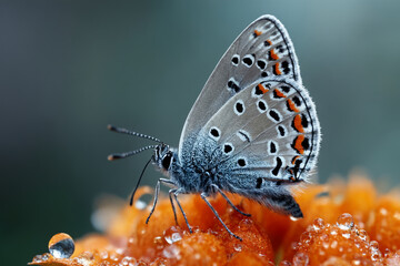 Obraz premium A blue butterfly with spots perched on an orange flower.
