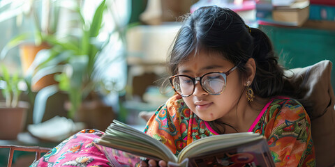 Indian girl with Down syndrome reading a book in her room. Learning Disability