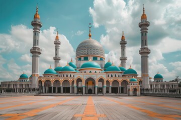 The Vibrant Color of Shah Alam Mosque Salahuddin Abdul Aziz Shah mosque during dramatic, copy space - generative ai