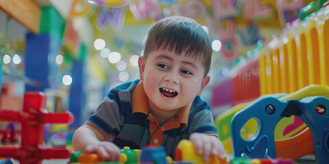 Middle Eastern boy with Down syndrome playing with toys at daycare. Learning Disability