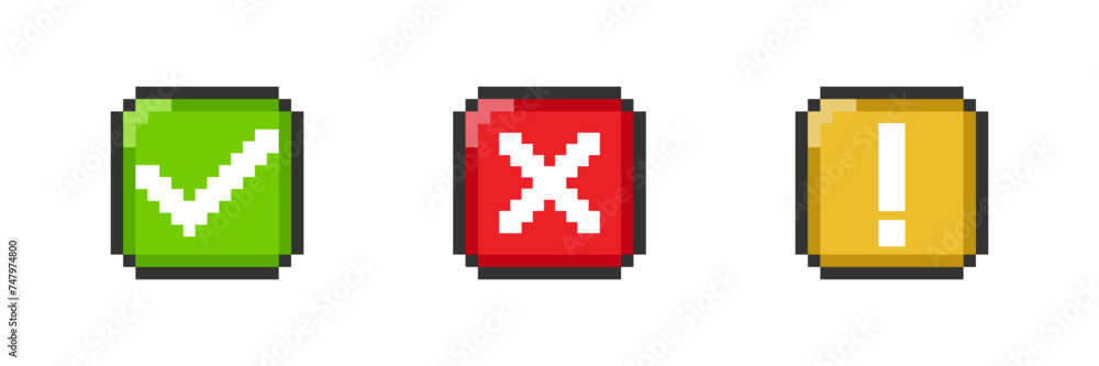 Poster check, cross and exclamation mark icon in pixel style. 8 bit square button. vector