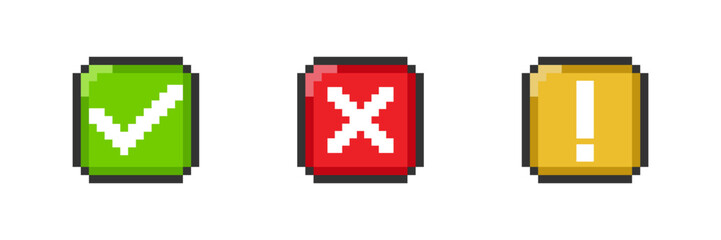 Check, cross and exclamation mark icon in pixel style. 8 bit square button. Vector