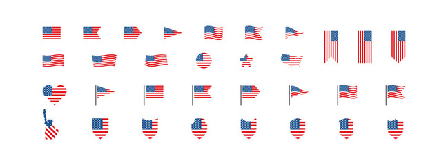 Set of USA flag. 32 icon national symbol of the United States of America. Vector illustration