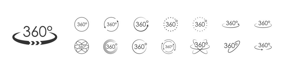 360 degree view set icon. Vector arrows circle, isolated logo on white background