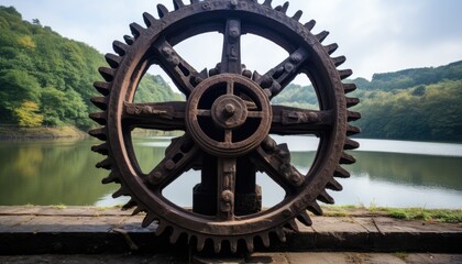 Fototapeta premium Old cast iron gear of the early 19th century on the dam